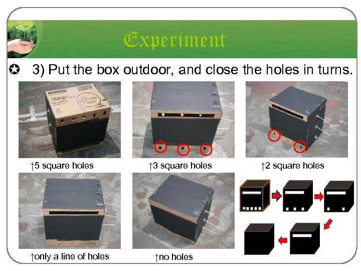 Experiment µ 3) Put the box outdoor, and close the holes in turns. ↑