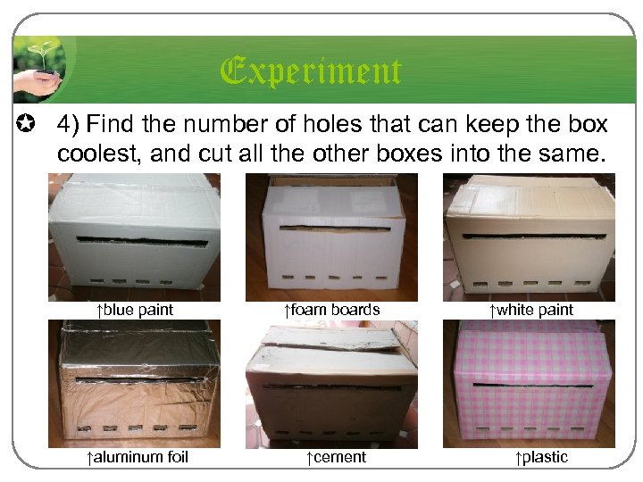 Experiment µ 4) Find the number of holes that can keep the box coolest,