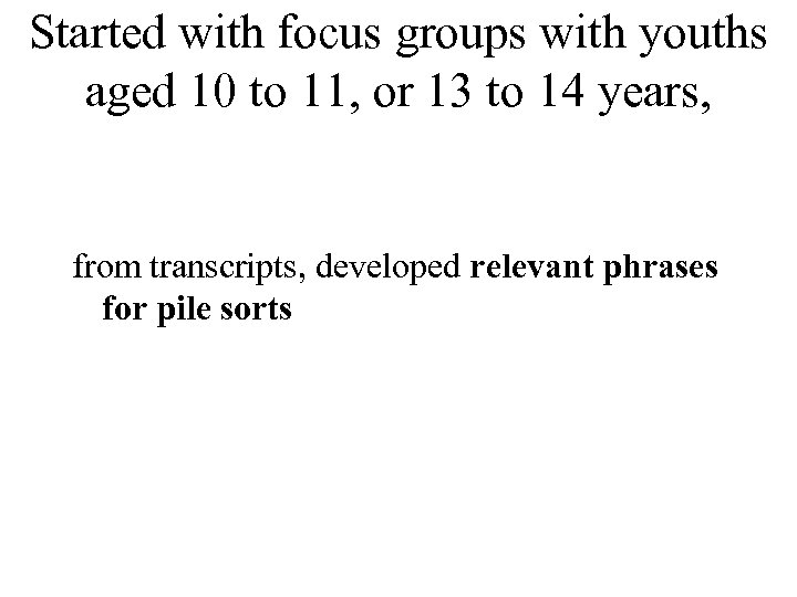 Started with focus groups with youths aged 10 to 11, or 13 to 14