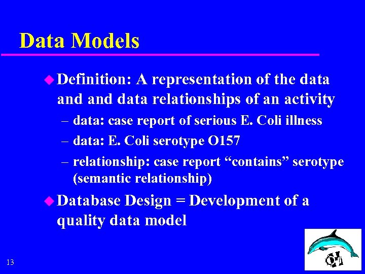 Data Models u Definition: A representation of the data and data relationships of an