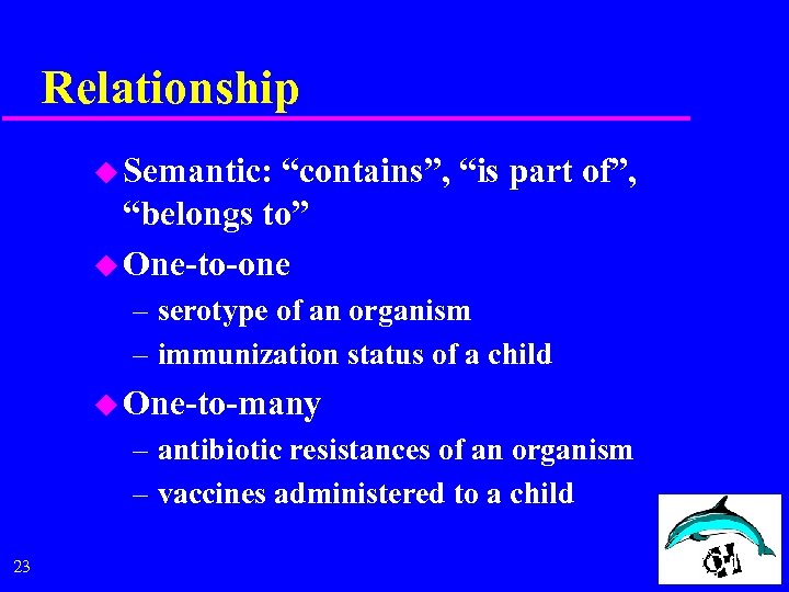 Relationship u Semantic: “contains”, “is part of”, “belongs to” u One-to-one – serotype of