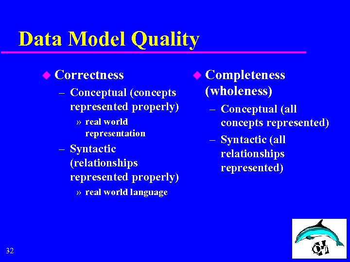 Data Model Quality u Correctness – Conceptual (concepts represented properly) » real world representation
