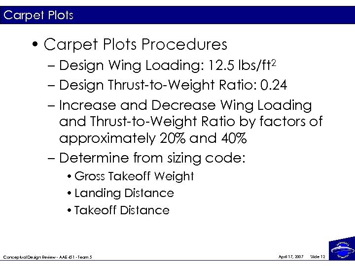 Carpet Plots • Carpet Plots Procedures – Design Wing Loading: 12. 5 lbs/ft 2