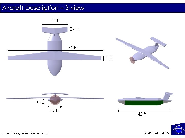 Aircraft Description – 3 -view 10 ft 5 ft 78 ft 3 ft 6