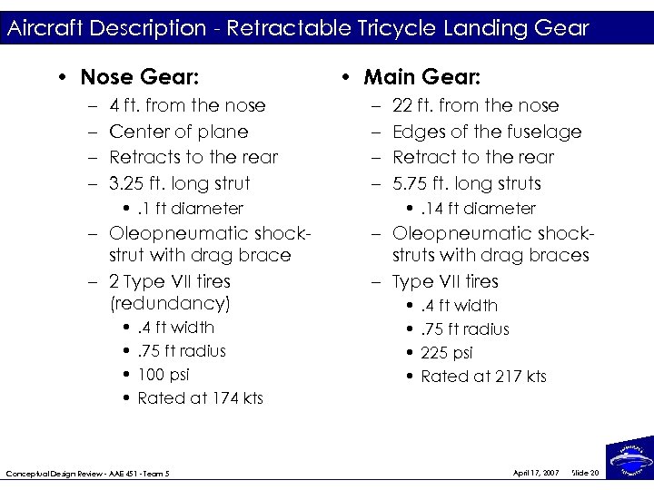 Aircraft Description - Retractable Tricycle Landing Gear • Nose Gear: – – 4 ft.