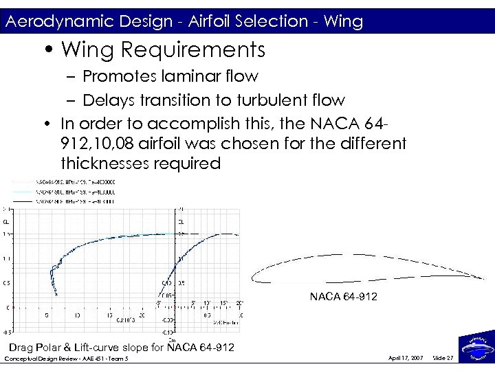 Aerodynamic Design - Airfoil Selection - Wing • Wing Requirements – Promotes laminar flow