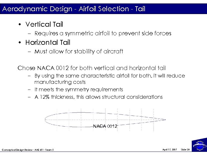 Aerodynamic Design - Airfoil Selection - Tail • Vertical Tail – Requires a symmetric