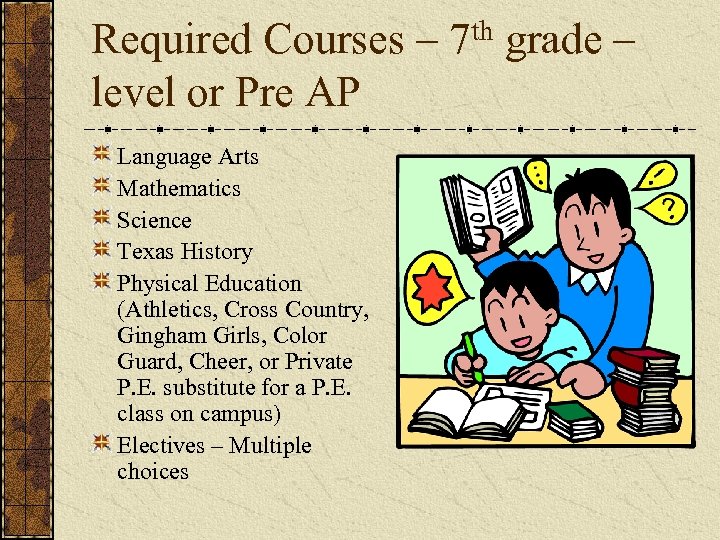 Required Courses – 7 th grade – level or Pre AP Language Arts Mathematics
