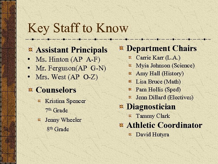 Key Staff to Know Assistant Principals • Ms. Hinton (AP A-F) • Mr. Ferguson(AP