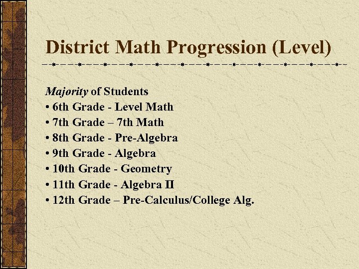 District Math Progression (Level) Majority of Students • 6 th Grade - Level Math