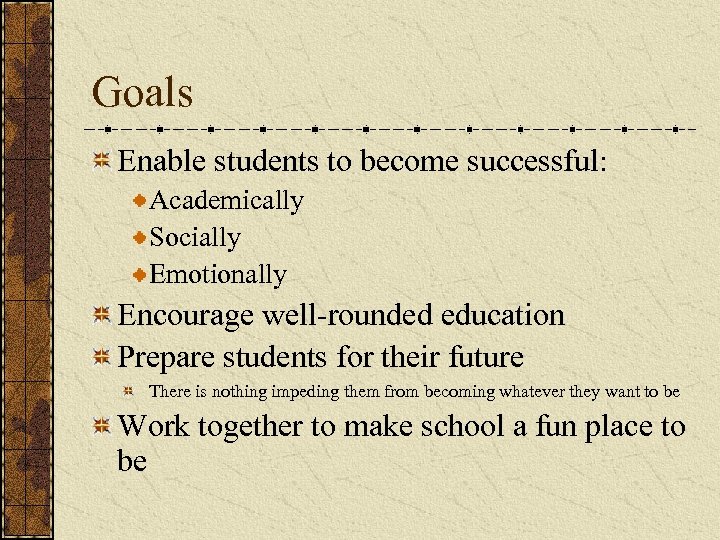 Goals Enable students to become successful: Academically Socially Emotionally Encourage well-rounded education Prepare students