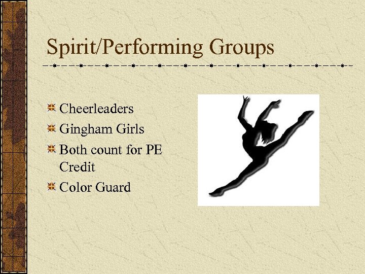 Spirit/Performing Groups Cheerleaders Gingham Girls Both count for PE Credit Color Guard 
