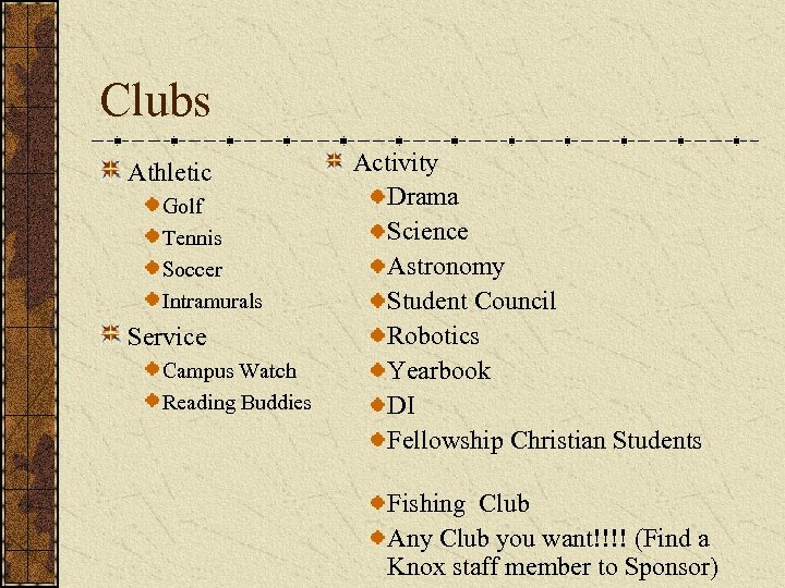 Clubs Athletic Golf Tennis Soccer Intramurals Service Campus Watch Reading Buddies Activity Drama Science