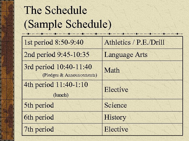 The Schedule (Sample Schedule) 1 st period 8: 50 -9: 40 Athletics / P.