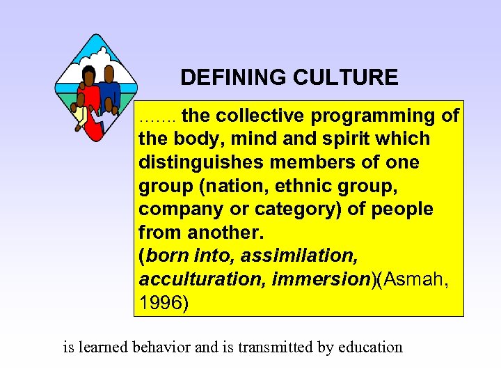 DEFINING CULTURE ……. the collective programming of the body, mind and spirit which distinguishes