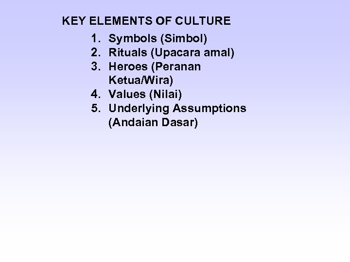 KEY ELEMENTS OF CULTURE 1. Symbols (Simbol) 2. Rituals (Upacara amal) 3. Heroes (Peranan