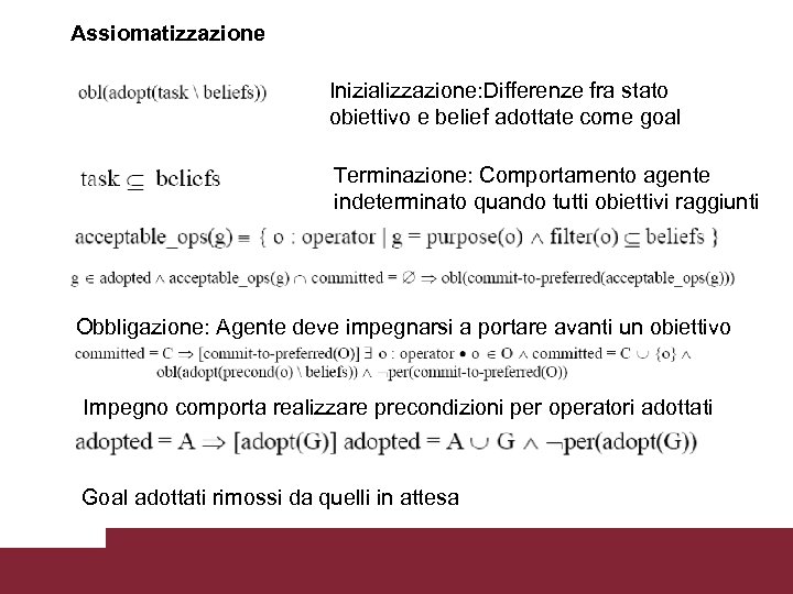 Assiomatizzazione Inizializzazione: Differenze fra stato obiettivo e belief adottate come goal Terminazione: Comportamento agente