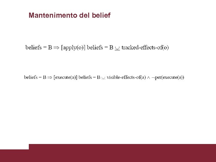 Mantenimento del belief Agente crede all’effetto degli operatori applicati Agente crede a osservazioni dello