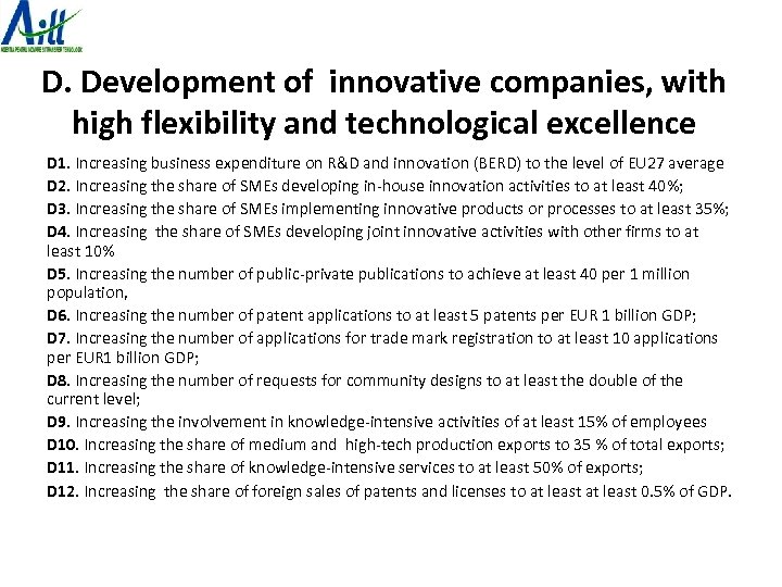 D. Development of innovative companies, with high flexibility and technological excellence D 1. Increasing