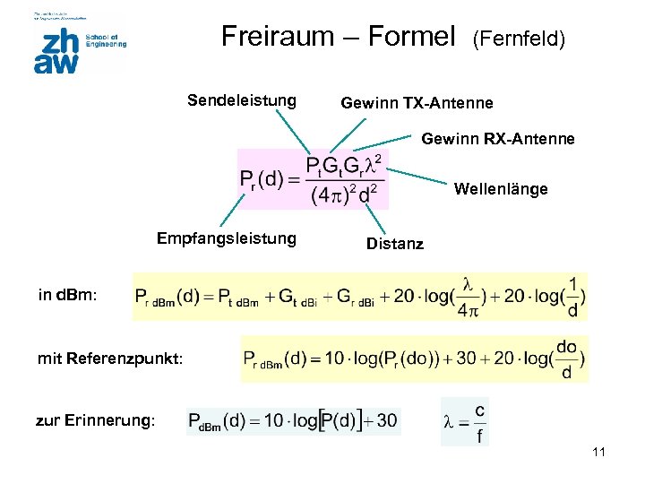 Freiraum – Formel Sendeleistung (Fernfeld) Gewinn TX-Antenne Gewinn RX-Antenne Wellenlänge Empfangsleistung Distanz in d.