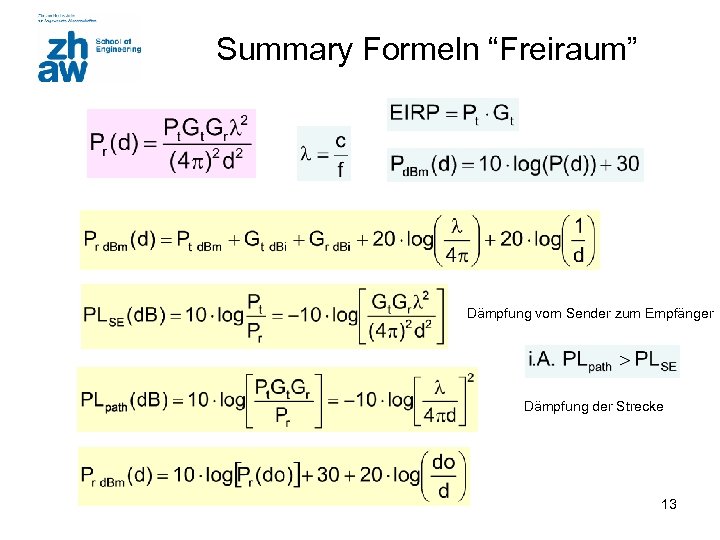 Summary Formeln “Freiraum” Dämpfung vom Sender zum Empfänger Dämpfung der Strecke 13 