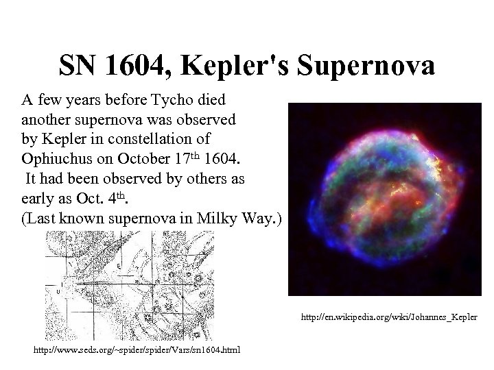 SN 1604, Kepler's Supernova A few years before Tycho died another supernova was observed