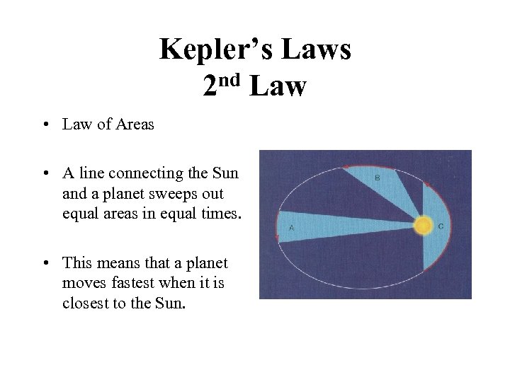 Kepler’s Laws 2 nd Law • Law of Areas • A line connecting the