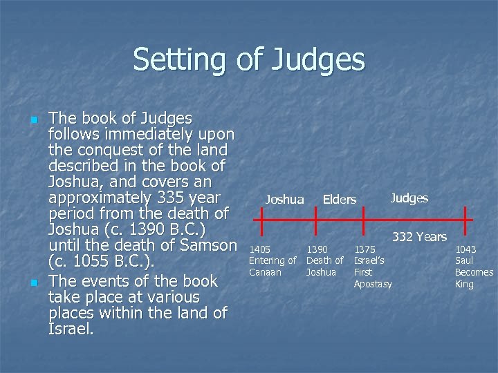 Setting of Judges n n The book of Judges follows immediately upon the conquest