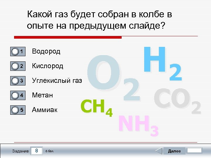 Какой газ будет собран в колбе в опыте на предыдущем слайде? 0 1 Водород