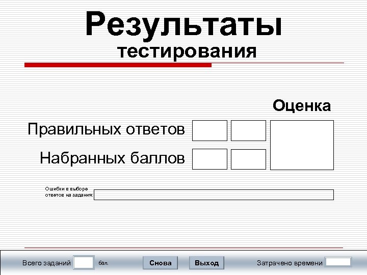 Результаты тестирования Оценка Правильных ответов Набранных баллов Ошибки в выборе ответов на задания: Всего