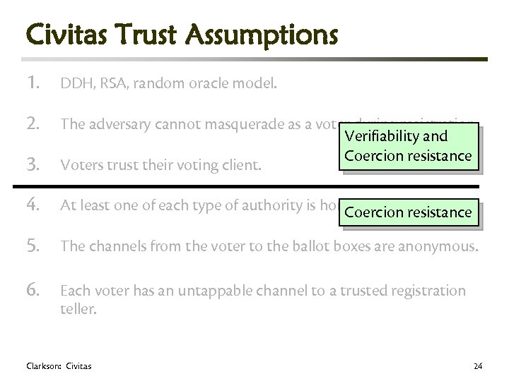 Civitas Trust Assumptions 1. DDH, RSA, random oracle model. 2. 3. The adversary cannot