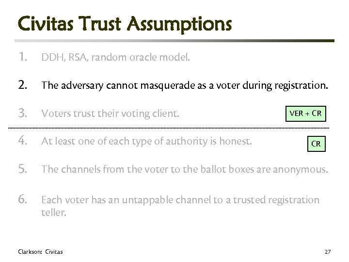 Civitas Trust Assumptions 1. DDH, RSA, random oracle model. 2. The adversary cannot masquerade