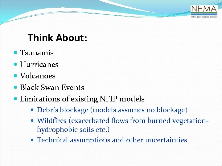 Think About: Tsunamis Hurricanes Volcanoes Black Swan Events Limitations of existing NFIP models Debris