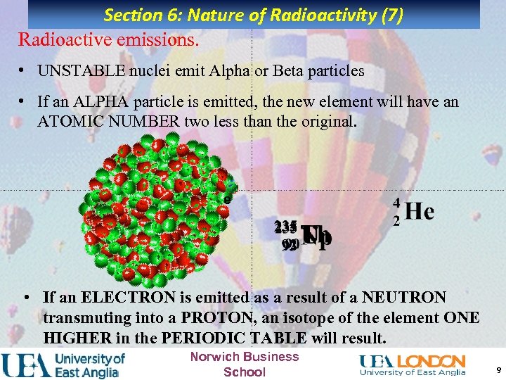 Section 6: Nature of Radioactivity (7) Radioactive emissions. • UNSTABLE nuclei emit Alpha or
