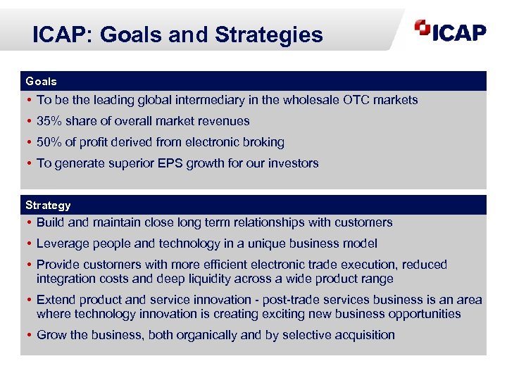 ICAP: Goals and Strategies Goals • To be the leading global intermediary in the