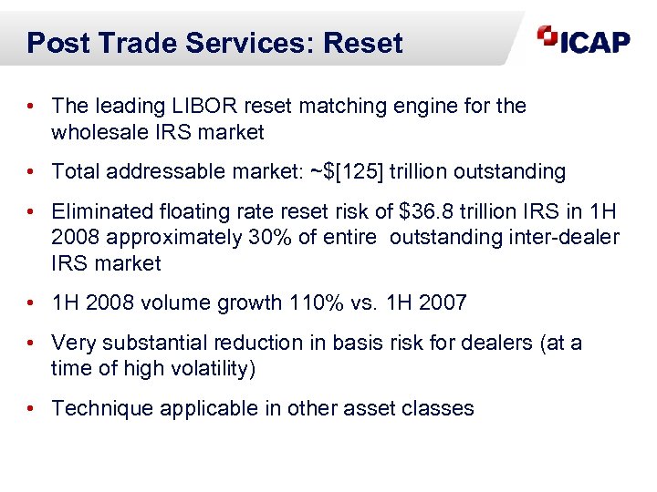 Post Trade Services: Reset • The leading LIBOR reset matching engine for the wholesale