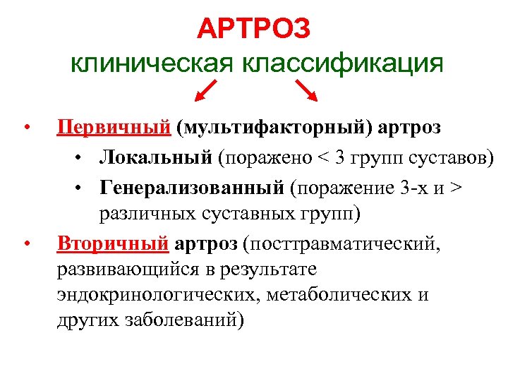 АРТРОЗ клиническая классификация • • Первичный (мультифакторный) артроз • Локальный (поражено < 3 групп