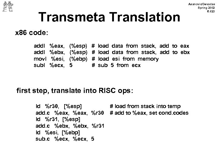 Transmeta Translation Asanovic/Devadas Spring 2002 6. 823 x 86 code: addl movl subl %eax,