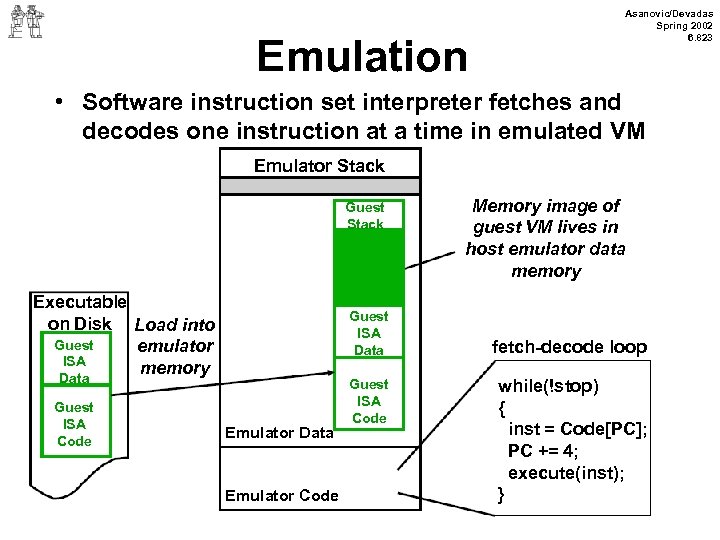 Emulation Asanovic/Devadas Spring 2002 6. 823 • Software instruction set interpreter fetches and decodes