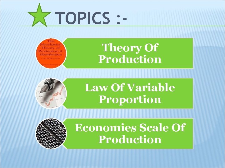 TOPICS : Theory Of Production Law Of Variable Proportion Economies Scale Of Production 