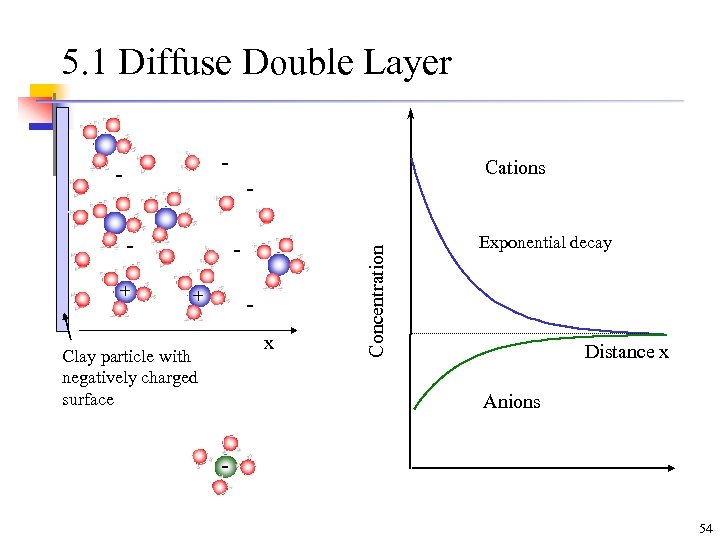 5. 1 Diffuse Double Layer + Cations - + x Clay particle with negatively