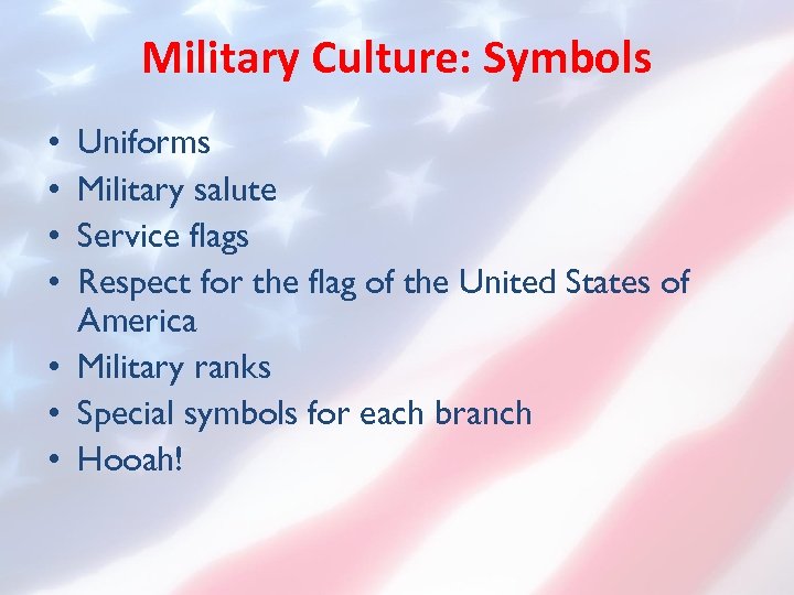 Military Culture: Symbols Uniforms Military salute Service flags Respect for the flag of the