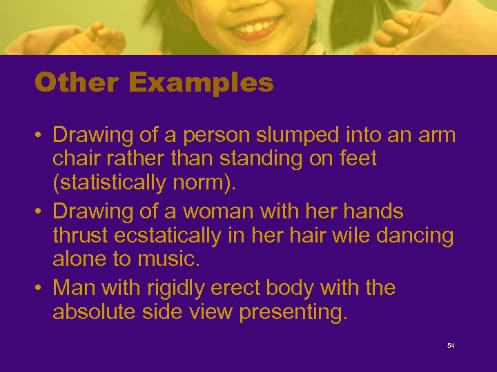 Other Examples • Drawing of a person slumped into an arm chair rather than