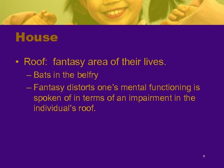House • Roof: fantasy area of their lives. – Bats in the belfry –
