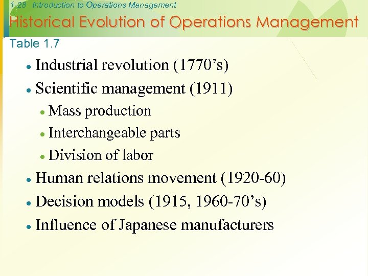 1 -28 Introduction to Operations Management Historical Evolution of Operations Management Table 1. 7