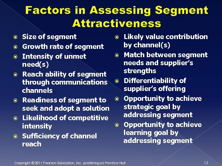 Factors in Assessing Segment Attractiveness Size of segment Growth rate of segment Intensity of