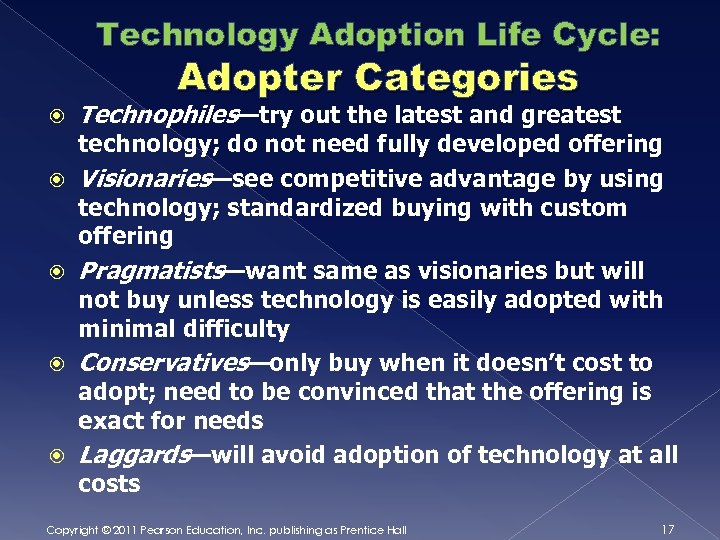 Technology Adoption Life Cycle: Adopter Categories Technophiles—try out the latest and greatest technology; do