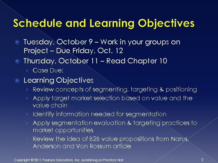 Schedule and Learning Objectives Tuesday, October 9 – Work in your groups on Project