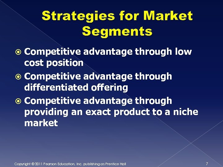 Strategies for Market Segments Competitive advantage through low cost position Competitive advantage through differentiated