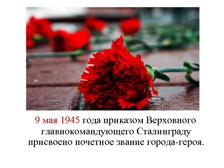 9 мая 1945 года приказом Верховного главнокомандующего Сталинграду присвоено почетное звание города-героя. 